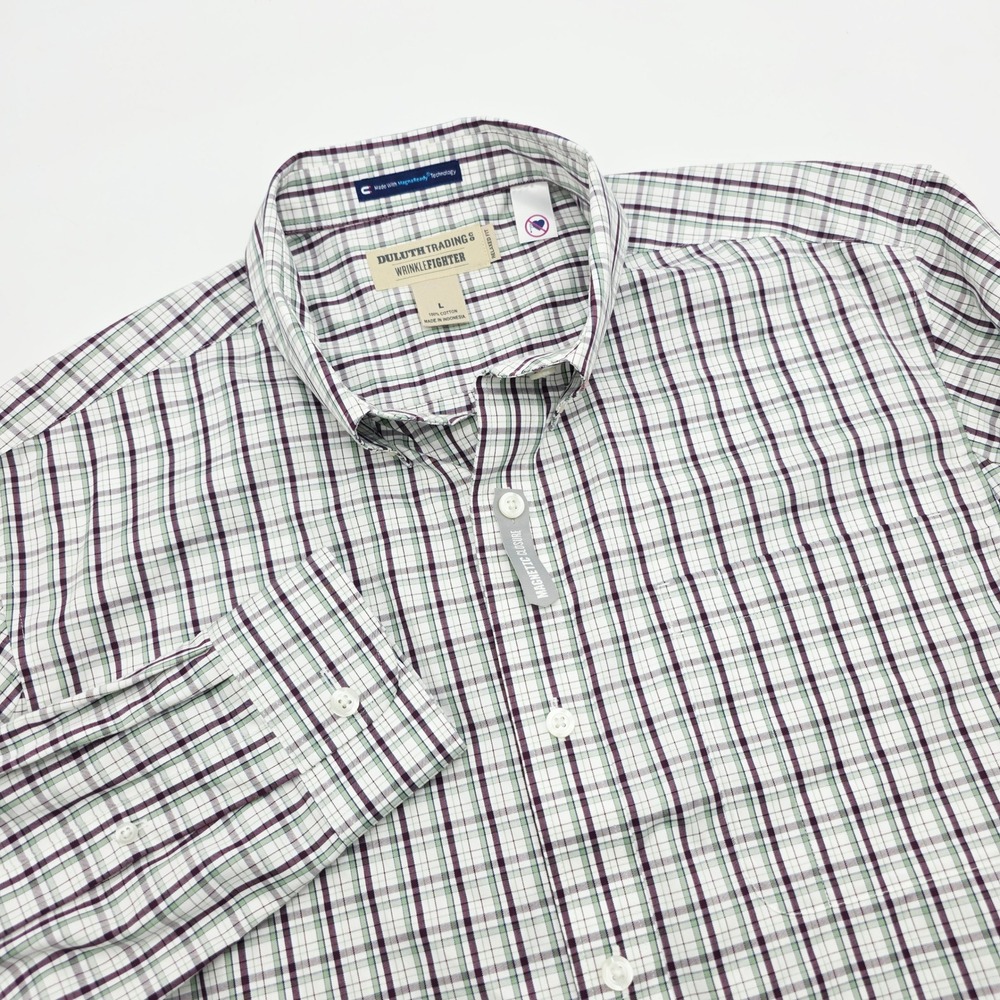 Duluth Trading Co WrinkleFighter MagnaReady Plaid Magnetic Shirt Mens L Relaxed